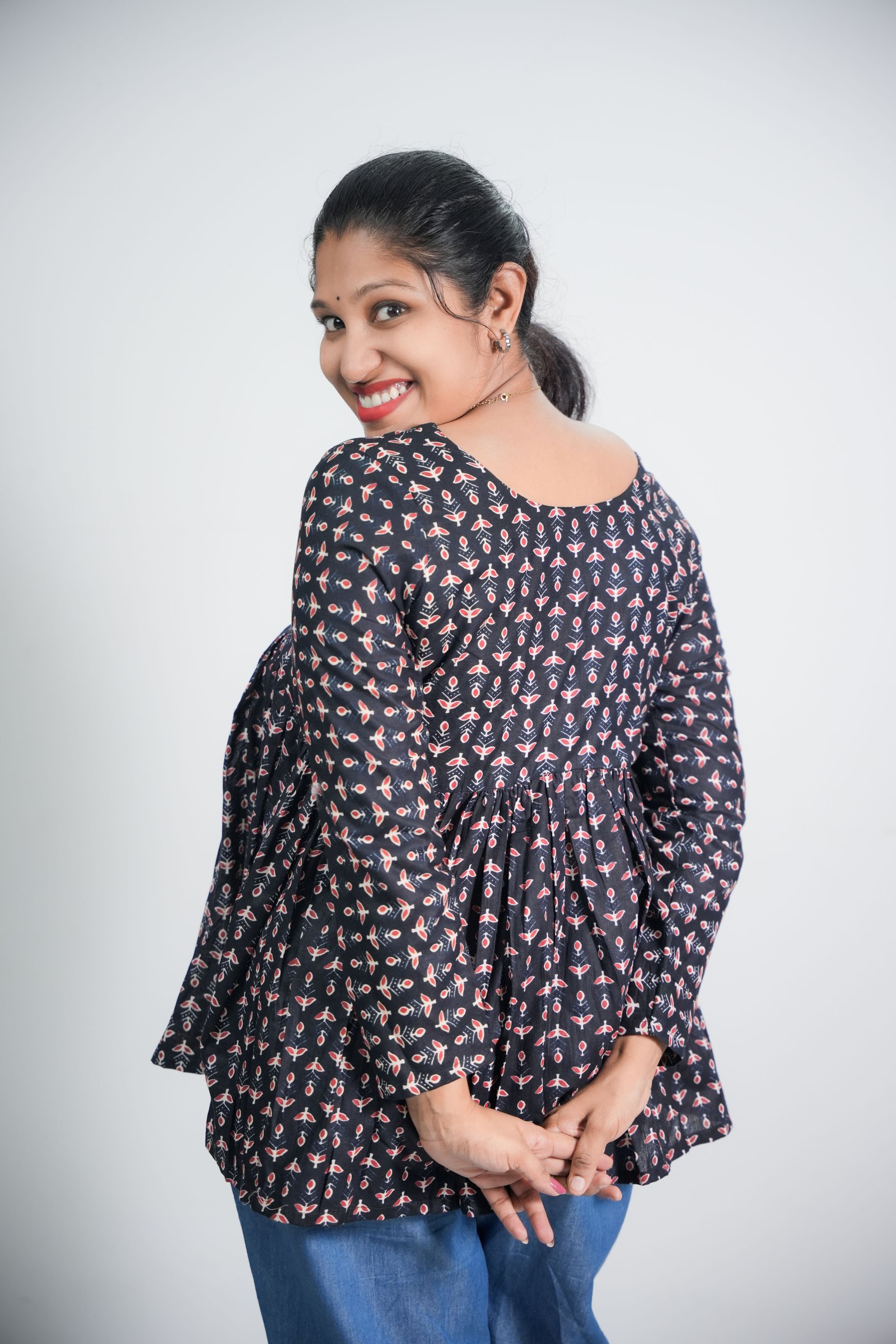 Womens Ethnic Block Print Black Cotton Short Kurti Top